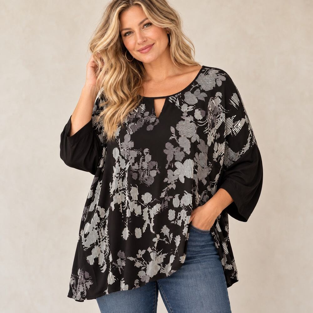 CJ Banks Blouse Women’s 3X Plus Black White Business Casual Mature Ladies Top